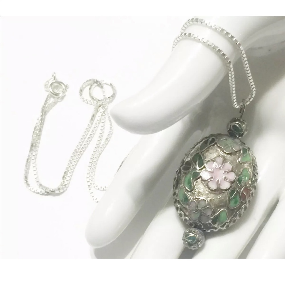 Rare Vintage Chinese Silver 925 Enamel Pendant Chain Necklace